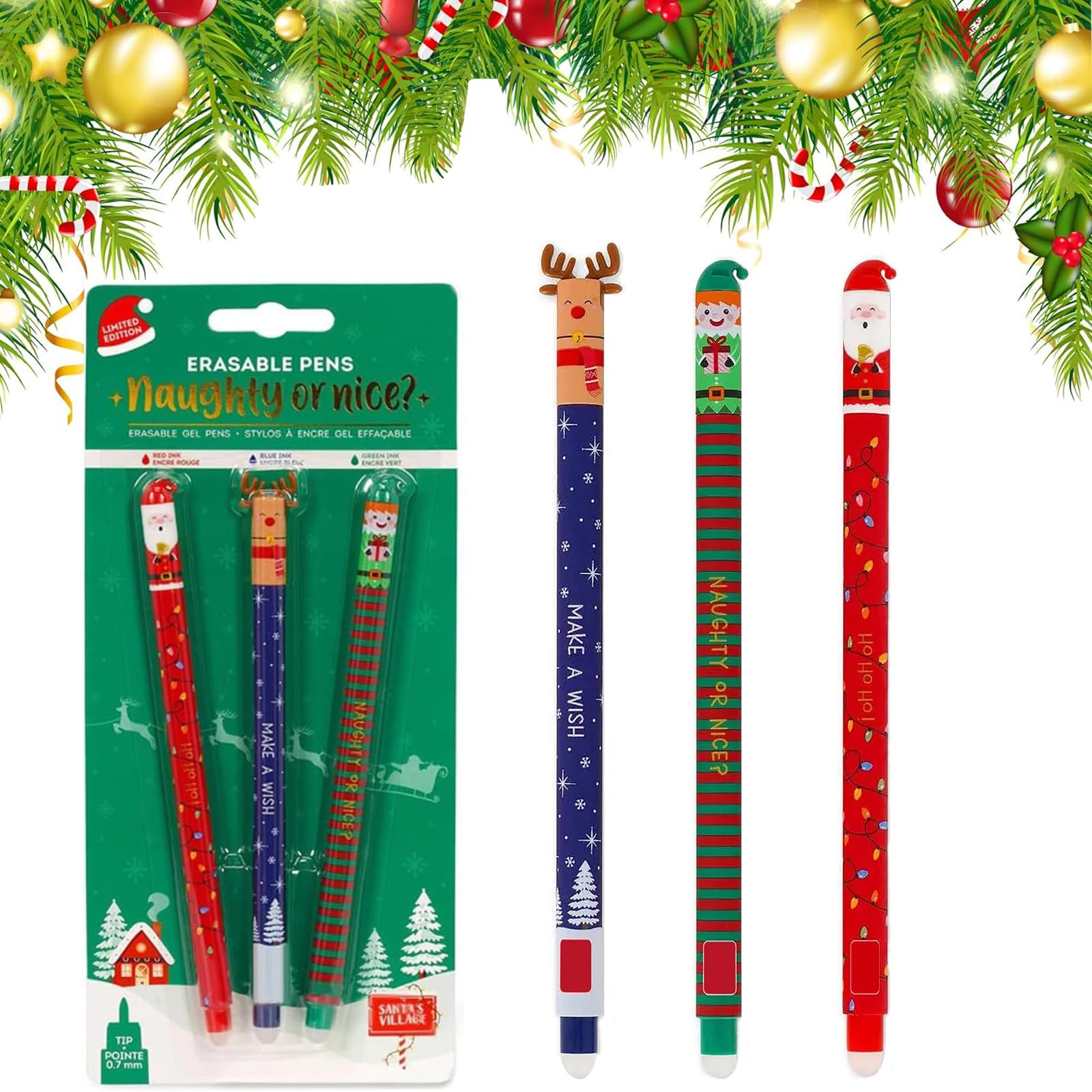 Junjie 3PCS Erasable Ballpoint Pen, New Christmas Pens, Erasable Christmas Pens, Erasable Gel Pen, Stationery for Teen Girls and Boys Students (A)