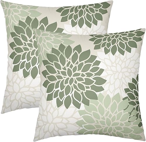 Juego de 2 fundas de almohada de color verde salvia y blanco de 16 x 16 pulgadas, fundas decorativas con diseño floral de dalia para sofá,