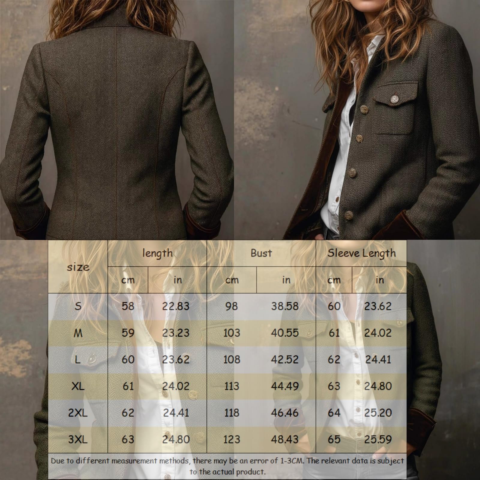 Blazer en tweed pour femme, style vintage, à chevrons, avec bordure en velours, manches longues, boutons