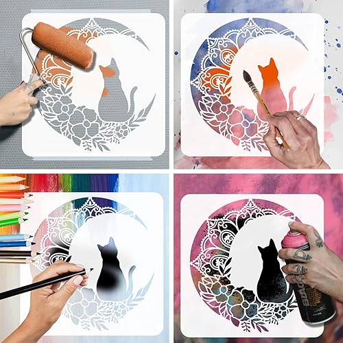 Miniatura 3 de BEUNITONE Plantilla de pared de gato de luna, plantilla de mandala floral, gato negro, plantilla de azulejos de animales, plantillas de dibujo de
