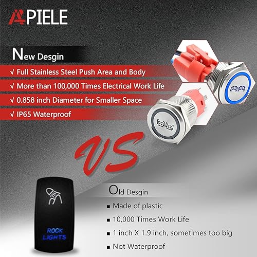 Miniatura 3 de APIELE Interruptor de botón de encendido y apagado SPST de acero inoxidable 10A 12V 24VDC precableado 19MM 0.74" Tamaño de instalación para coche,