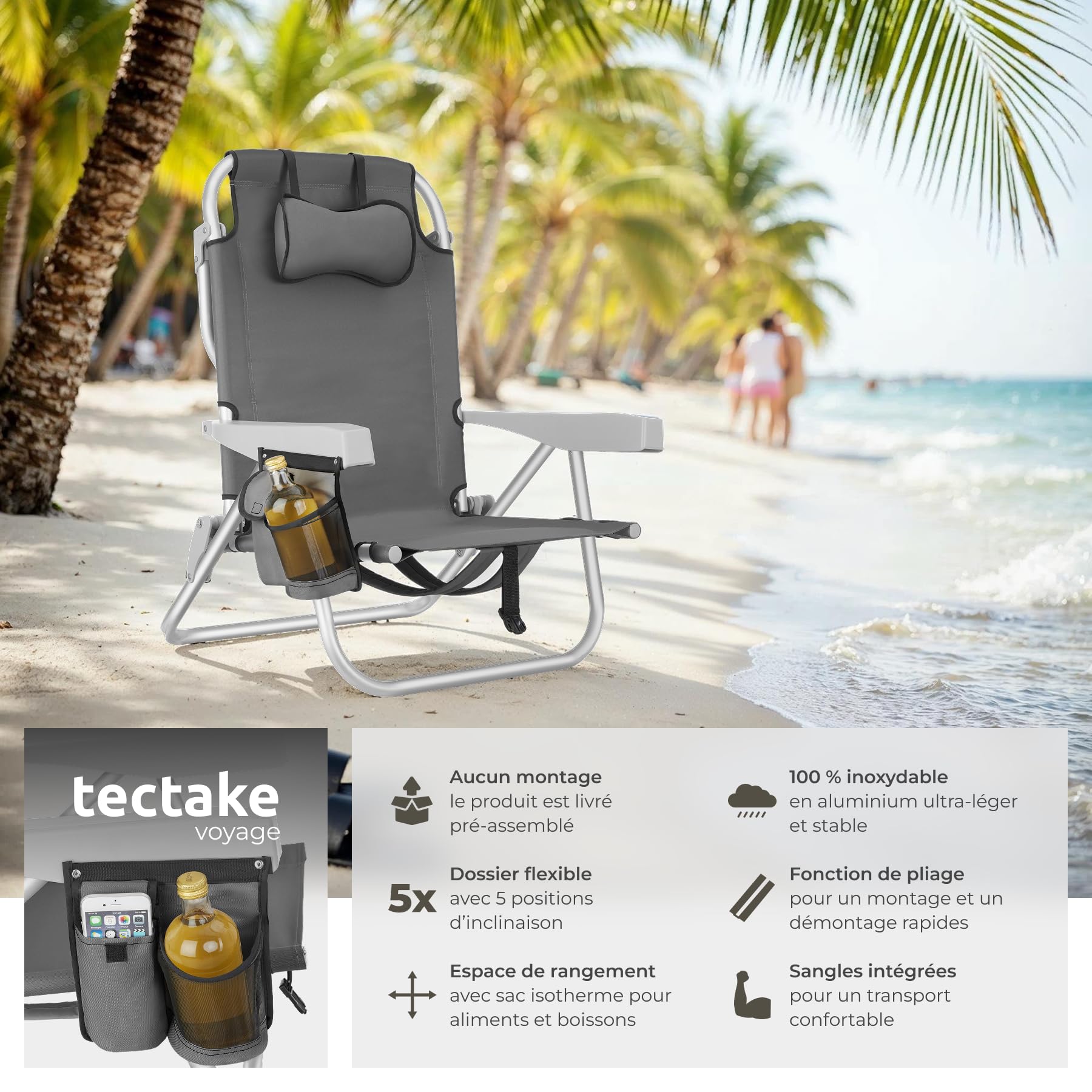 tectake® Chaise pliante Chaise Plage Fauteuil Camping, Cadre en Aluminium inoxydable, Dossier réglable 5 positions avec Appuie-tête Porte gobelet Sac isotherme intégré Accessoire plage Voyage Festival