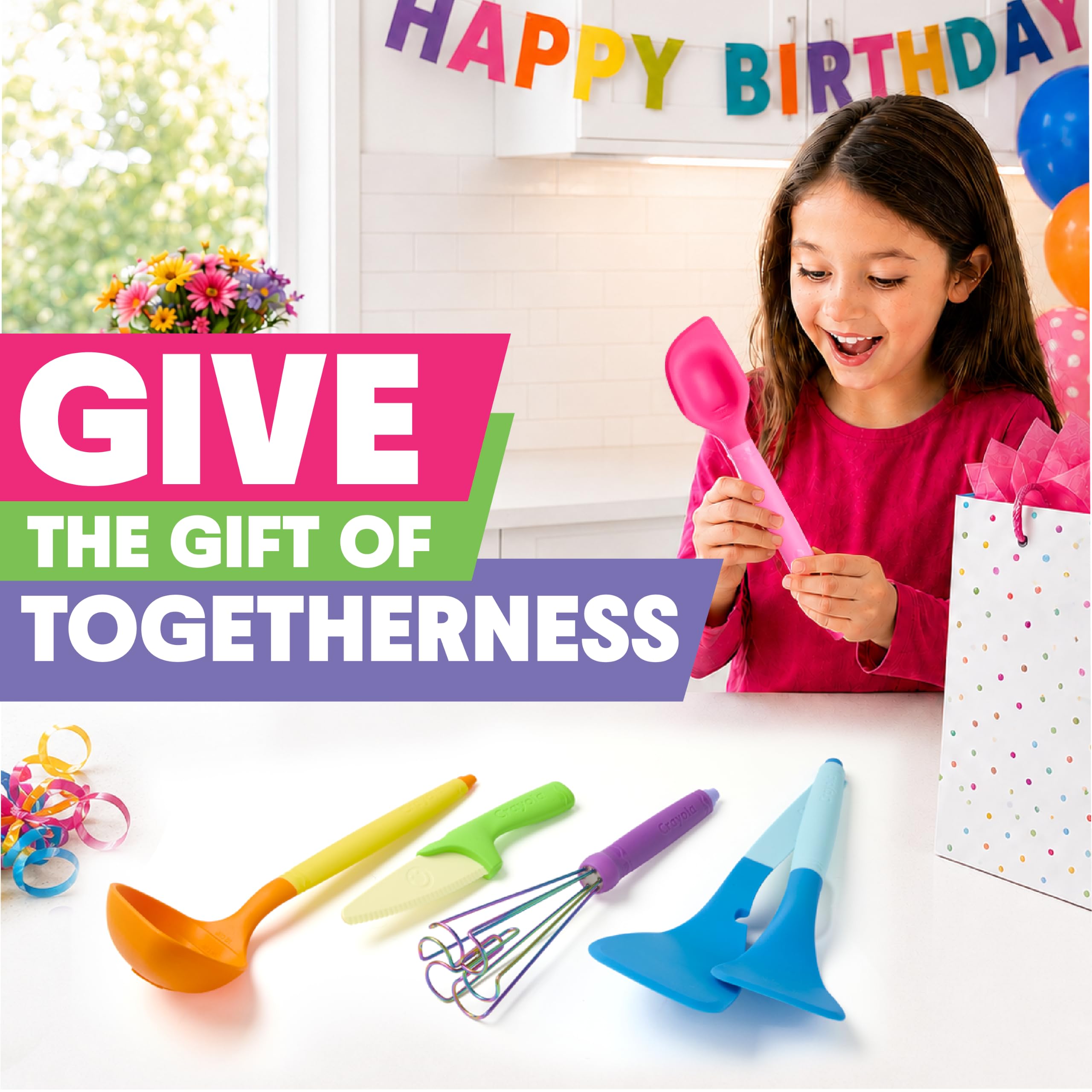 Crayola Kidchen - Set di 5 utensili da cucina creativi per bambini, con spatola 2 in 1, frusta in acciaio inox e mestolo, in silicone alimentare colorato, regalo da cucina per bambini, dai 5 anni in