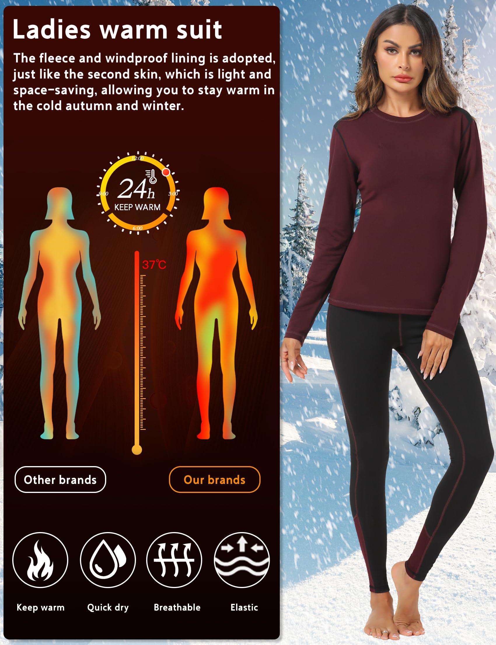 Terecey Intimo Termico Donna Sci,Completo Termico Donna Invernale,Biancheria Termica Donna Traspirante,Due Pezzi Tuta Termica Donna Sportiva in Felpata,Maglia Termica Donna+Leggings Termici -
