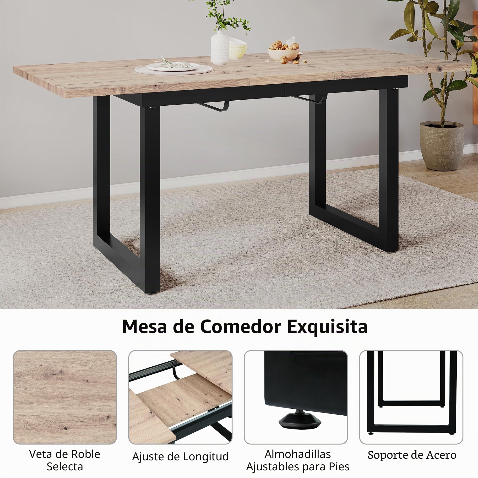 Mesa de comedor extensible 140/180 x 80 x 75 cm, estilo industrial, MDF con aspecto de roble, marco negro, ahorra espacio, estable, ideal para comedores modernos, capacidad