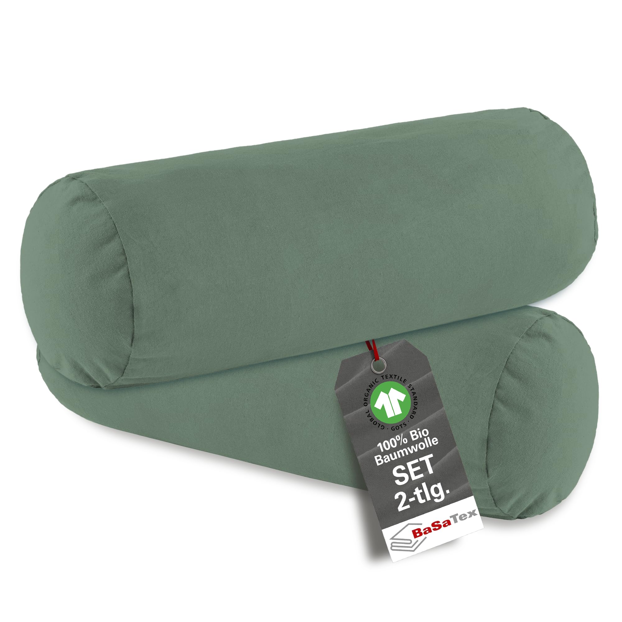 BaSaTex Bio Kissenbezüge für Nackenrolle 40x15 cm im 2er Pack - 97% GOTS-Zertifizierte Baumwolle + 3% Elasthan - Farbe: Salbei