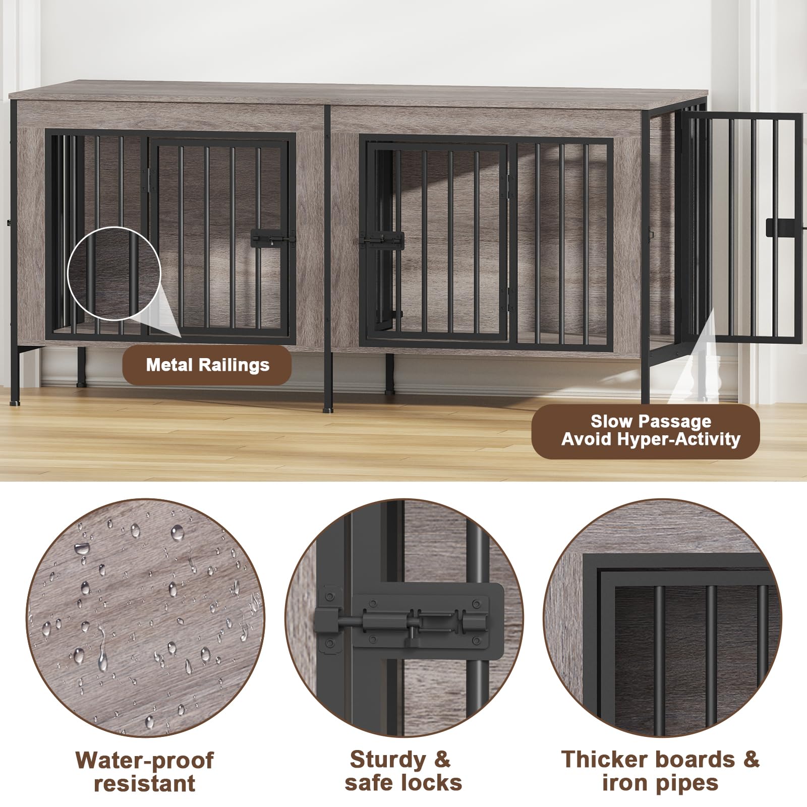 Hundekäfig Möbel für 1 Oder 2 Hunde, 4 Türen, 140 cm Holz Hundekäfig für Kleine/Mittlere Hunde, Indoor Hundebox für Zuhause als Beistelltisch und TV-Ständer, 140 x 52 x 66 cm, Graueiche