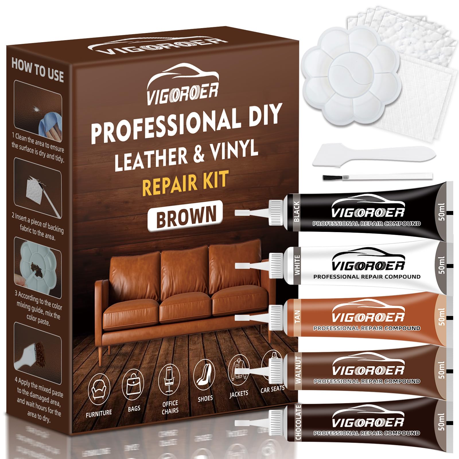 Brown Leather Repair Kit for Furniture, Leather Couch Repair Kit for Car Interior, Sofa, Purse and Jacket, Restore Any Material with Super Easy Instructions to Fix Scratches, Tears, Holes, Peeling
