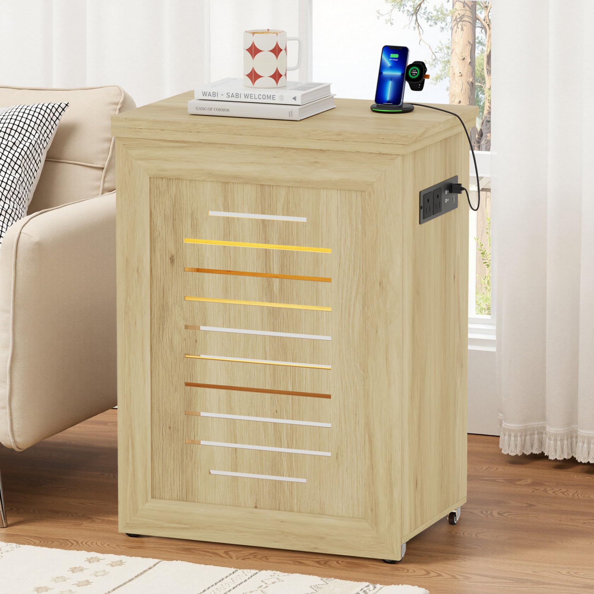 Gurexl Tavolo da cucito pieghevole 2 in 1 con stazione di ricarica e illuminazione a LED, tavolo per macchina da cucire con ripiano e ruote, tavolo per bricolage con ripiani aperti e 3 ripiani per