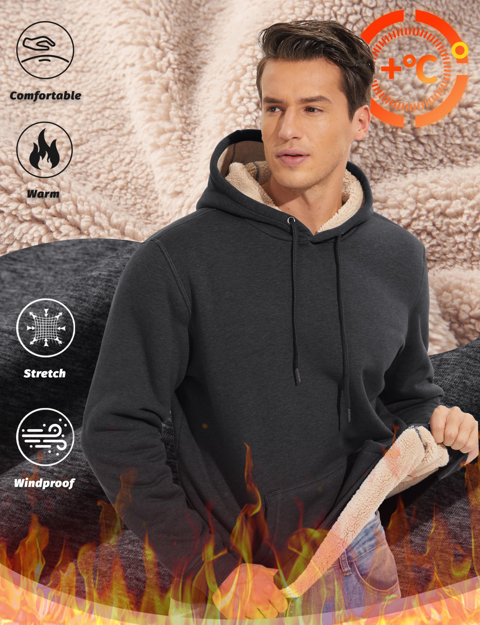 KEFITEVD Hombre Forro Polar Capucha Sudadera Ocio con Bolsillo Delantero Manga Larga Invierno Sudadera Térmica Gruesa Capucha Sudadera