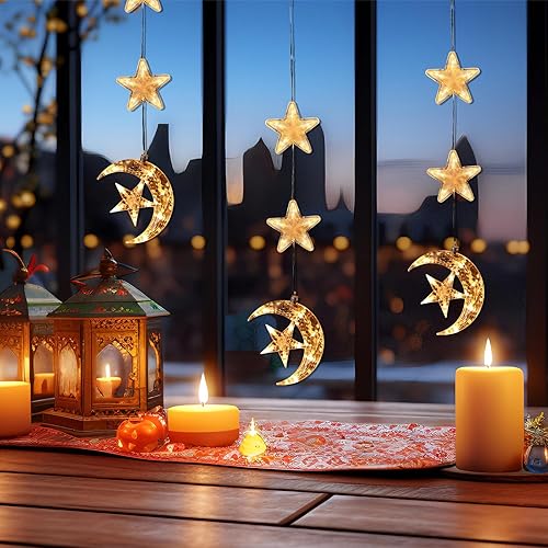 Miniatura 3 de Rossesay 3 piezas de luces de Ramadán Eid, decoración de estrella y ventana, silueta de luna, luces LED para interiores, decoración colgante de