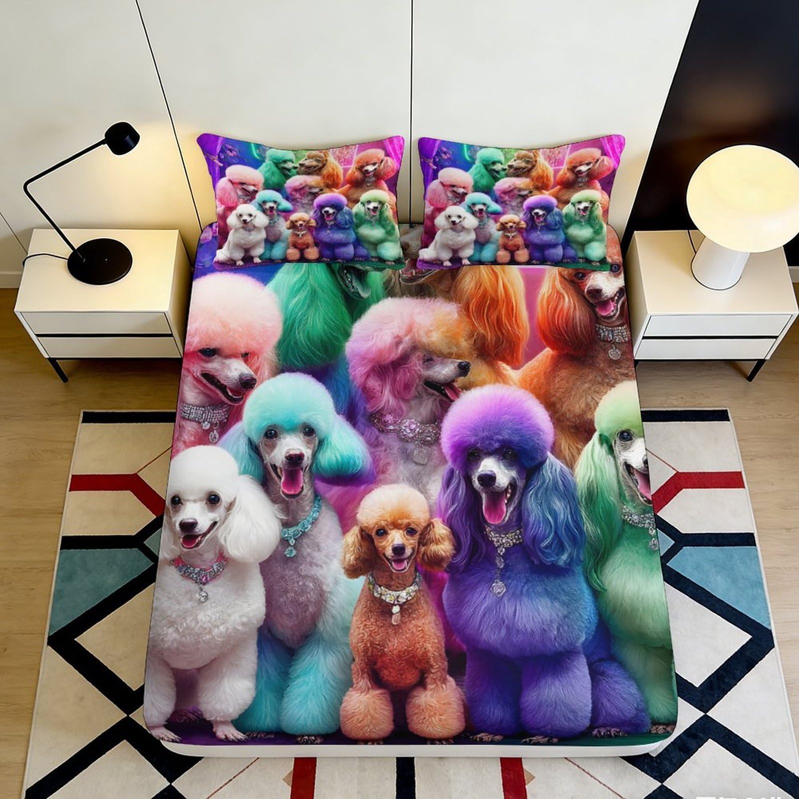 3D Printed Colorful Poodle Fitted Sheet Microfiber Soft Breathable Cartoon Dog Mattress Cover for Bedroom Dorm Bed Decor 90x200x25cm