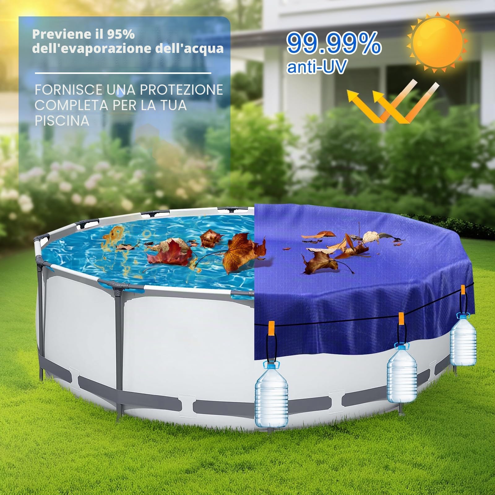 Telo di copertura per piscina rotondo 460 cm (per Ø 420-460 cm), 2 in 1, resistente ai raggi UV, per l'estate e l'inverno, rotondo, per piscina in metallo e prisma, colore blu