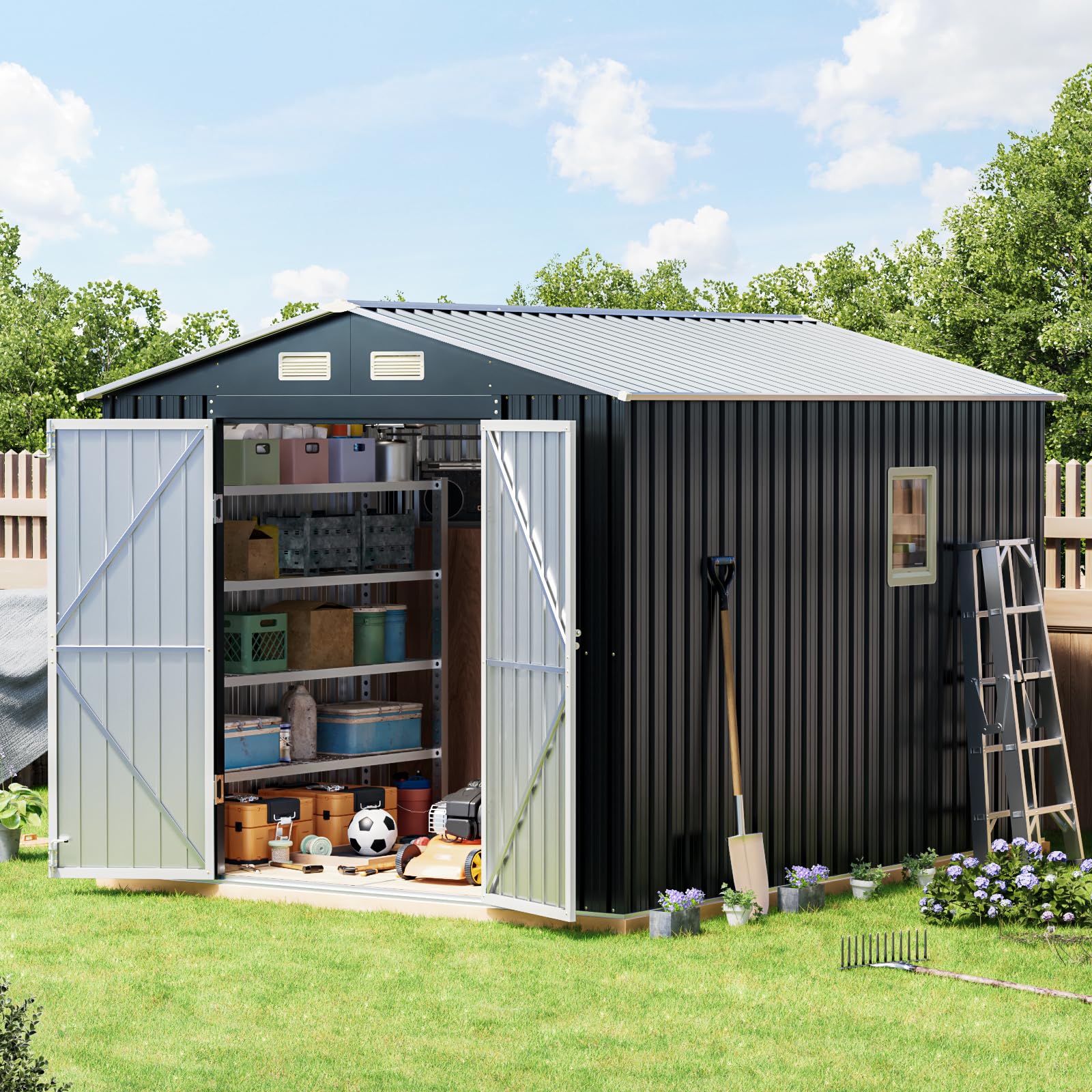 10 x 8 FT Storage Shed with Floor Frame for Backyard,Nightblue