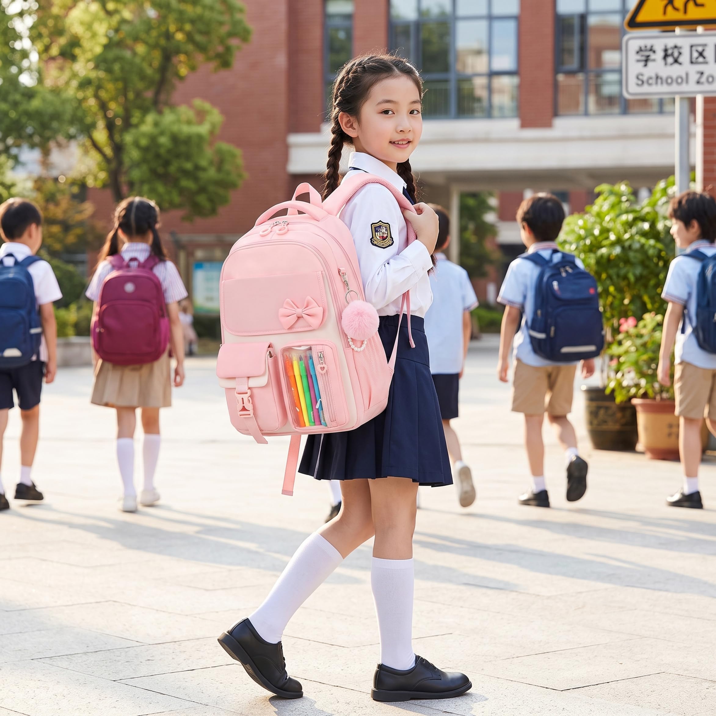 Zaini scolastici da 3 pezzi per ragazze, set multiscomparto per la scuola, stile 3, con astuccio per il pranzo