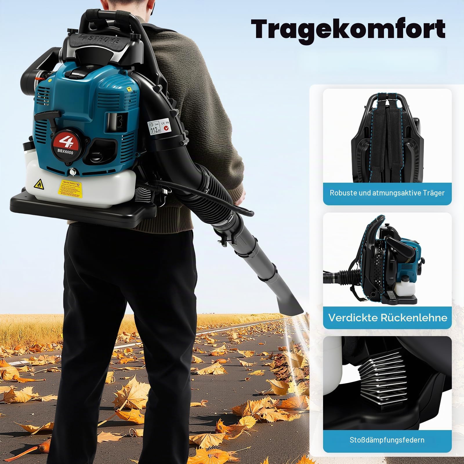 75.6cc 4-Takt Rucksack Benzin Laubbläser, 2600W Rucksackgebläse mit 498CFM Luftvolumen, Benzin Gebläse Laub Sauger, Leistungsstarke Rucksack Blatt Luftgebläse für Garten, 7000 U/min
