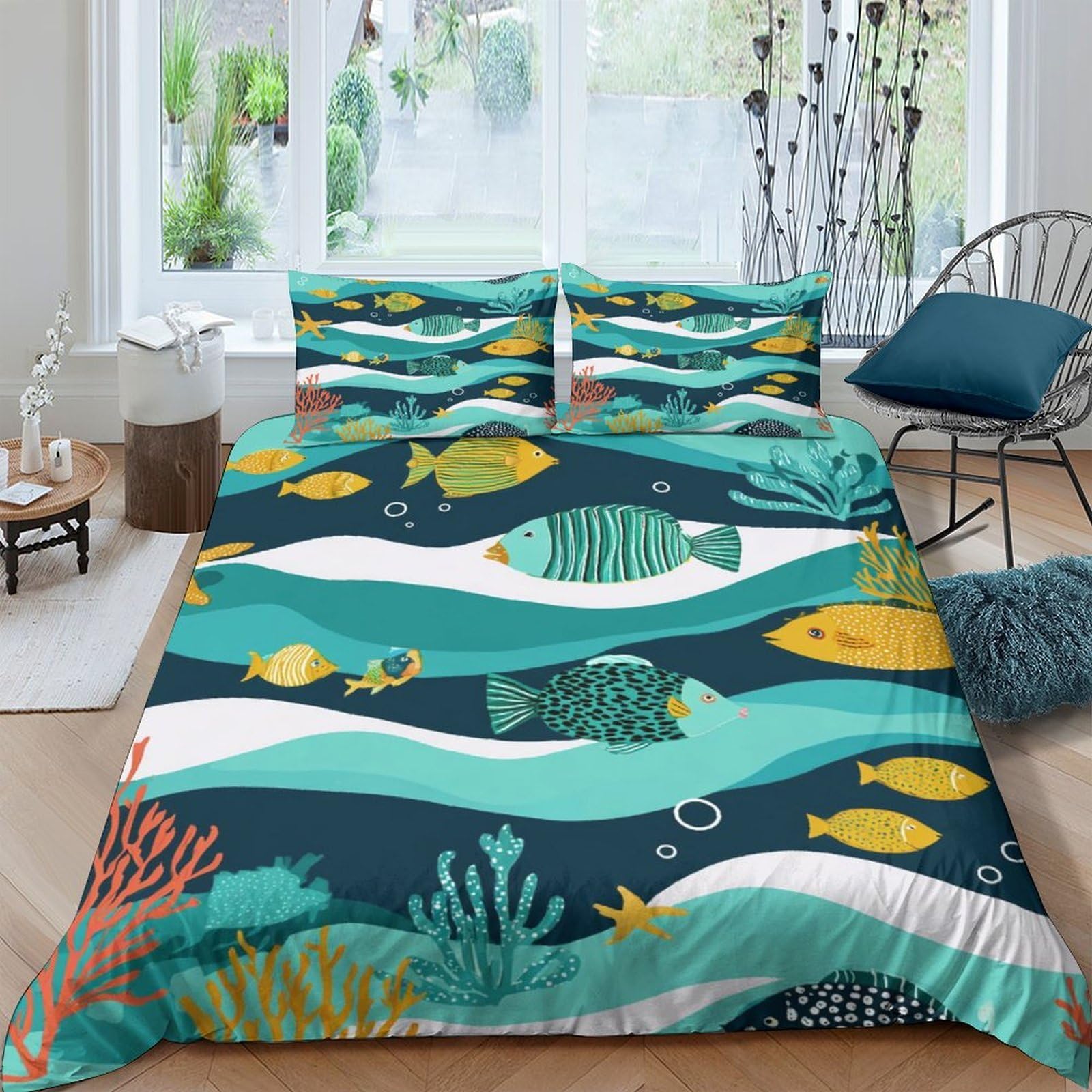 TUFRTGYHN 3D Printed Ocean Fish Duvet Cover Microfiber Soft Breathable Underwater Bedding Set with 2 Pillowcases for Bedroom Decor Single（135x200cm）