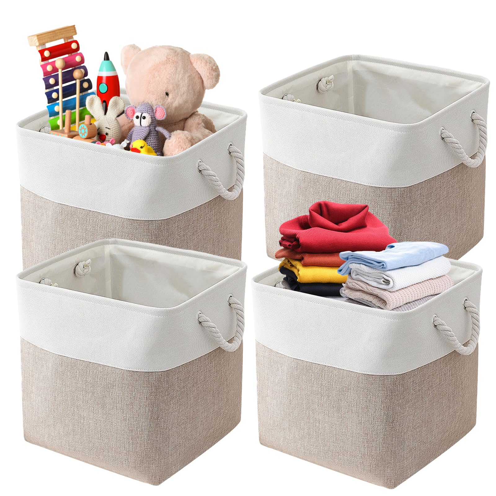 Scatole per Armadio Tessuto, Set di 4 Scatole Portaoggetti Pieghevole con Maniglia, 33x33x33cm, Cestini Portaoggetti, per Scaffali, Armadi, Giocattoli, Vestiti, Libri (Bianco+Kaki)