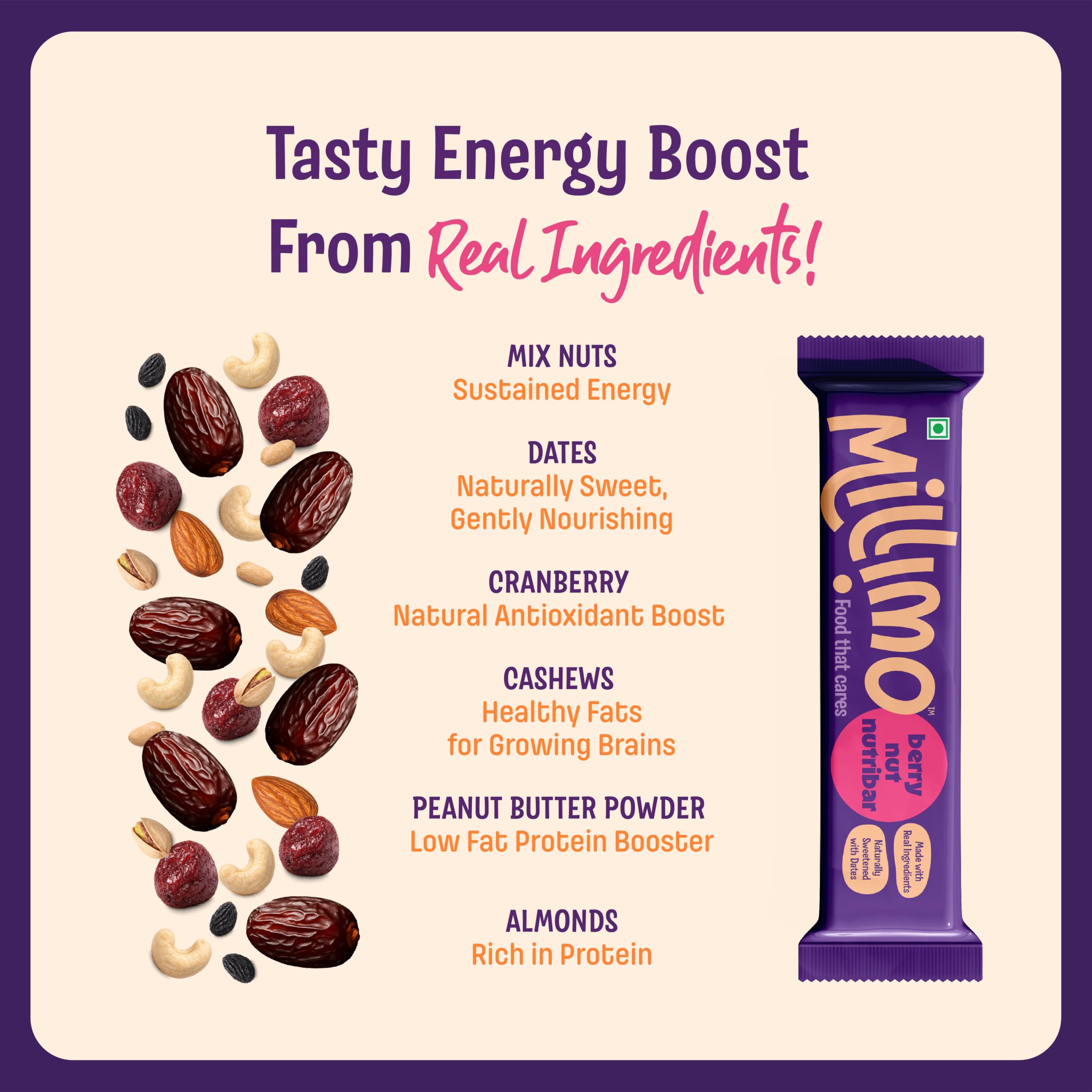 Millimo Kids Nutribar – Berry Nut, 150g | Natural Protein & Fibre from Real Ingredients | Dates, Cranberries, Almonds, Cashews | No Refined Sugar — Amazon image 3