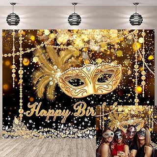 Masquerade Happy Birthday Backdrop Glitter Black Gold Mask Mardi Gras Photography Background