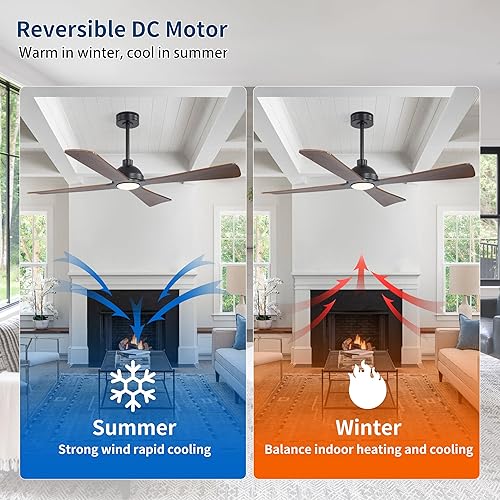Miniatura 4 de WINGBO Ventilador de techo CC de 56 pulgadas con luces y control remoto, 4 aspas de madera maciza, 3CCT, motor CC reversible de 6 velocidades,
