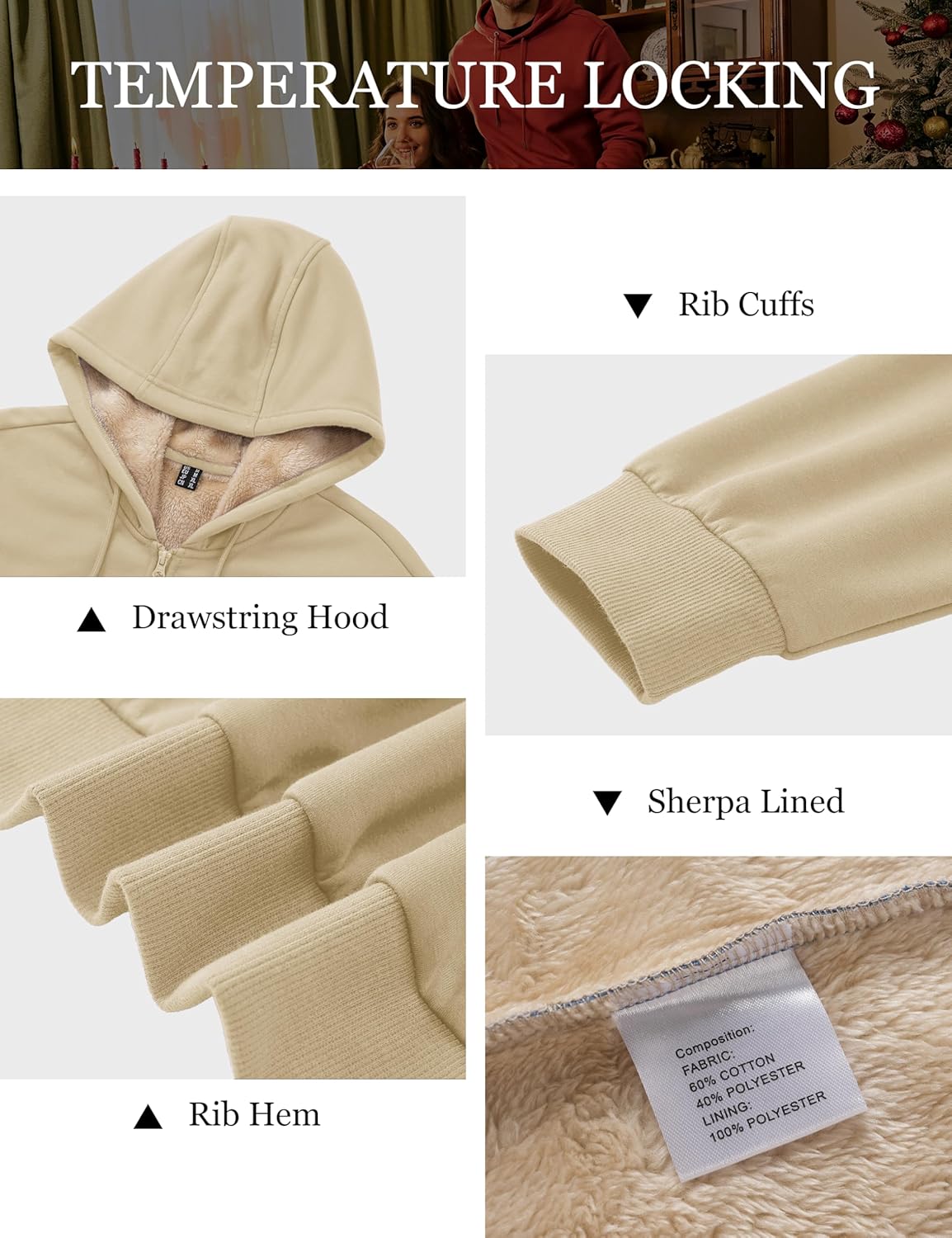 MAGCOMSEN Men's Zip Up Hoodie Sherpa Lined Hooded Sweatshirt Winter Heavyweight Hoodies Warm Thick Fleece Jacket - Image 5