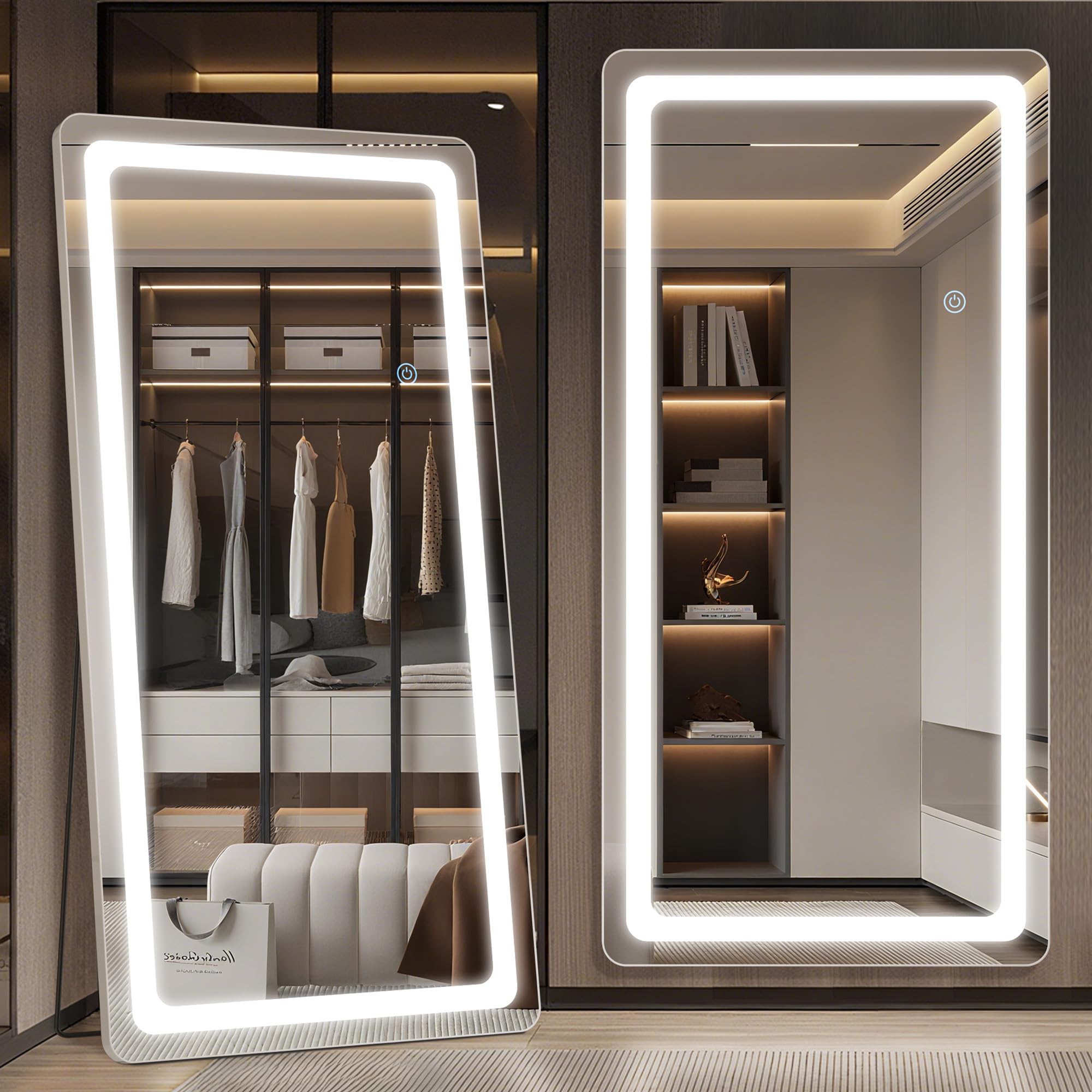 Antok LED Full Length Mirror with Light, 71"x28" Lighted Full Body Mirror with Stand, Dimmable & 3 Color Lighting Standing/Leaning/Wall Mounted Vanity Mirror for Bedroom Cloakroom Livingroom(Rect): 78"L x 38"W Rect Style White