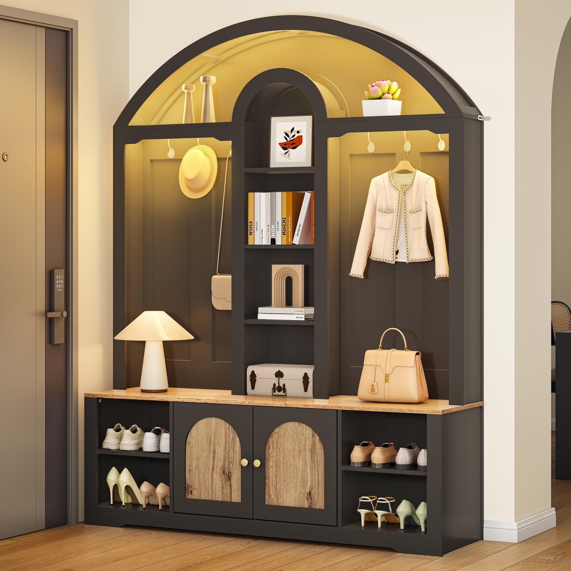 Garderobenset Hoch 195 cm mit LED Licht und Sitzbank, Garderobenschrank Flurgarderoben Set mit Haken und Schuhschrank, Schwarz