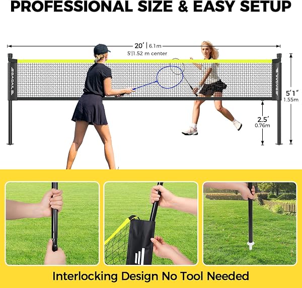 BAGAIL Filet de Badminton pour l'extérieur -Taille Officielle 20ft x 5ft, 4 Raquettes, 3 Balles de Badminton, Filet PE durable et Sac de Transport pour l'arrière-cour, la Plage et les Jeux en Famille. - 4