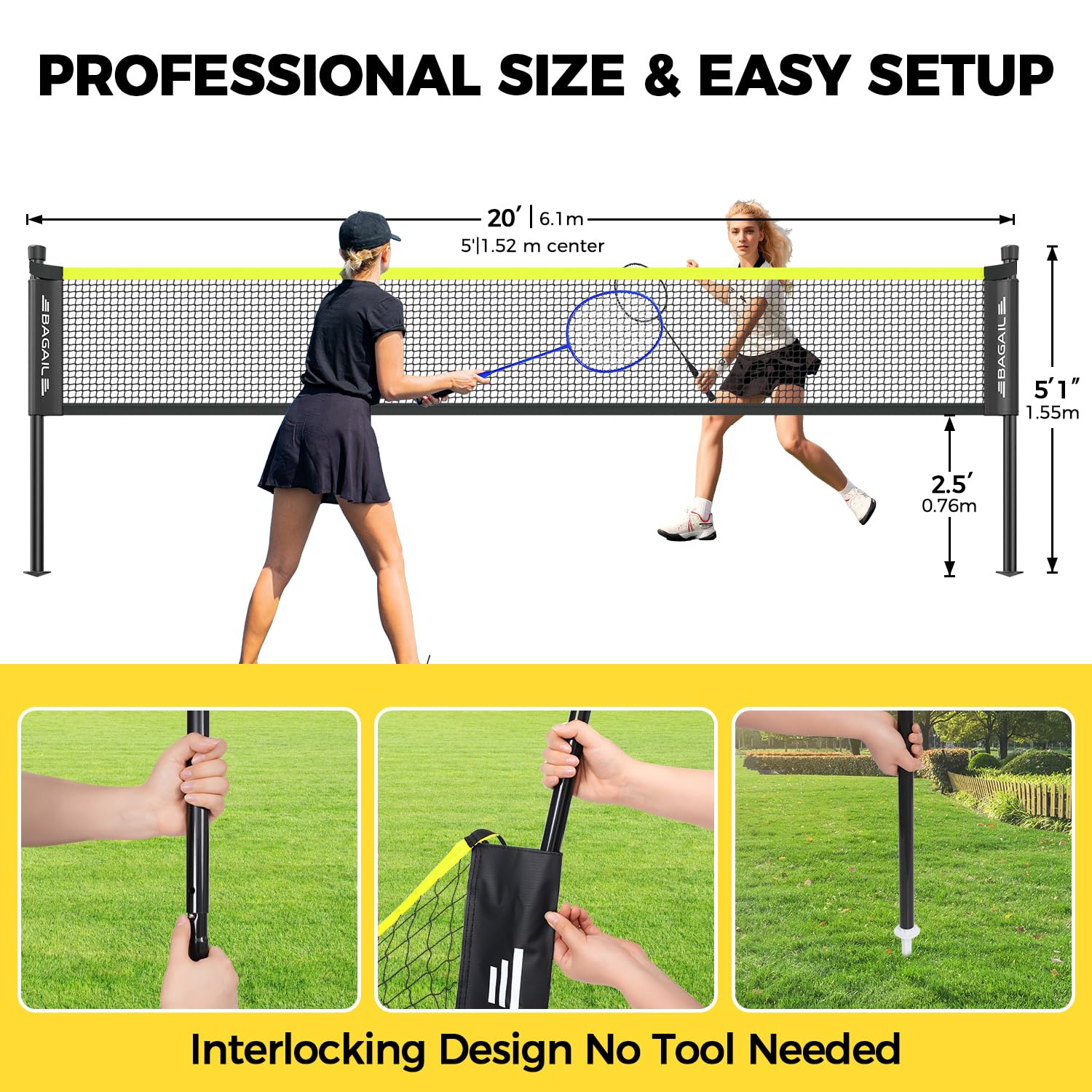 BAGAIL Professionelles Badmintonnetz-Set, TurnierschANDARD 6,1m x 1,55m, Allwettertauglich PE-Netz, 5-Minuten-Montage, Mit 4 Schlägern, 3 Schittern und Tragetasche