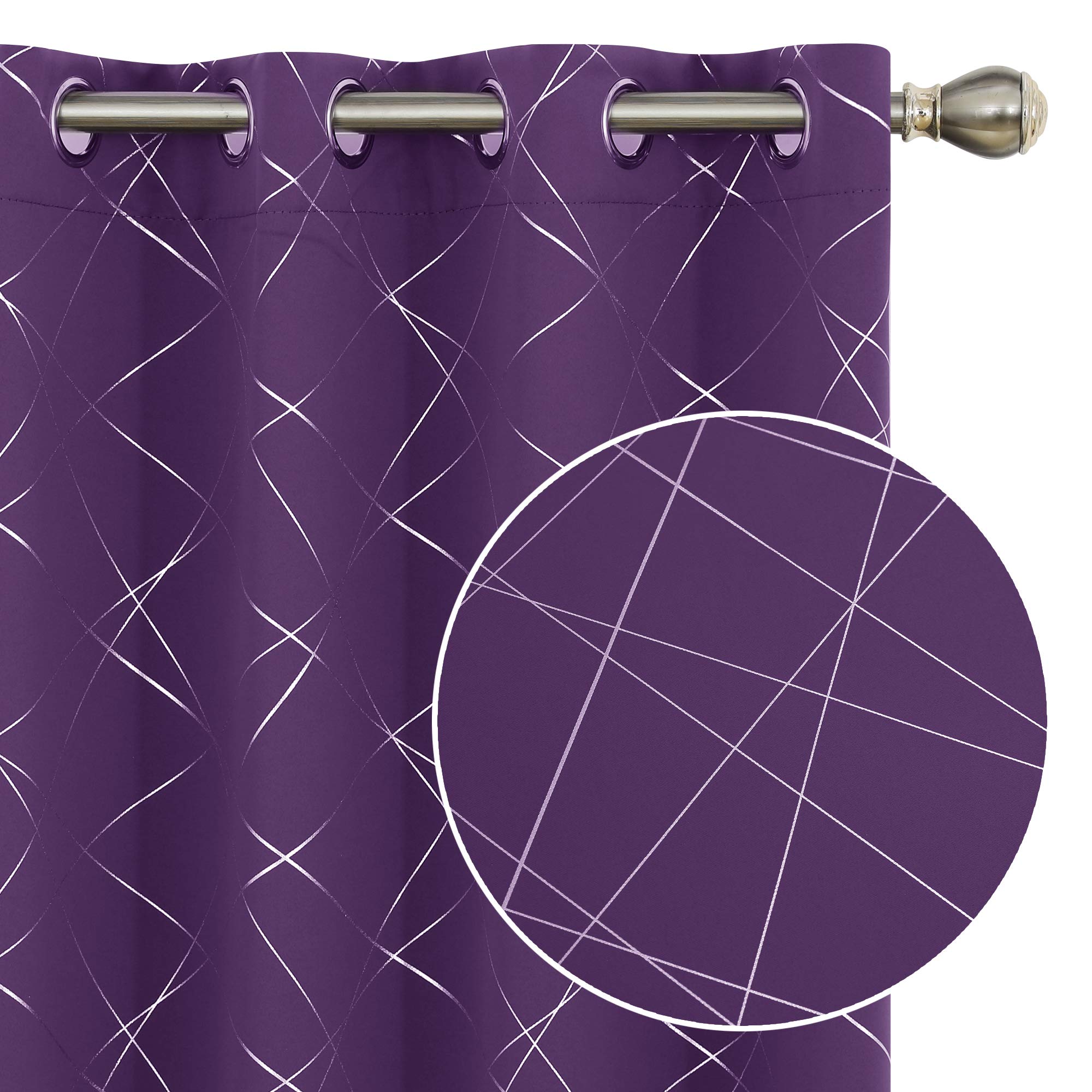 Deconovo Bedroom Blackout Curtains with Foil Printed Pattern Design, Thermal Insulated Energy Saving Drapes, Short Curtains for Small Windows - 2 Panels, 52x45 Inch, Purple Grape
