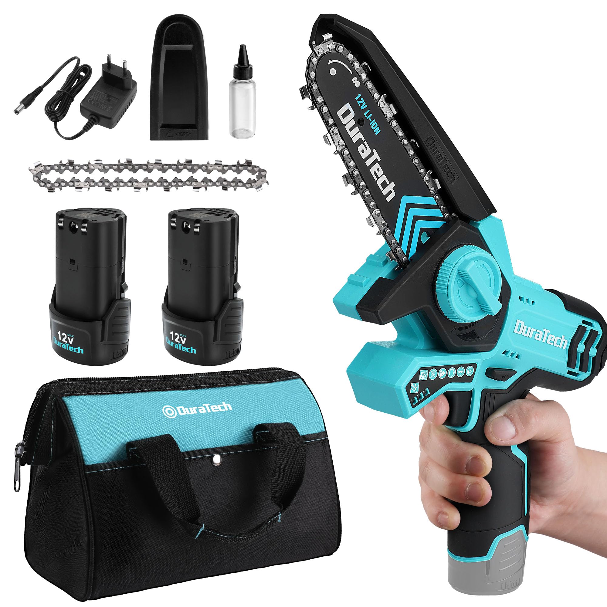DURATECH Mini Motosierra Inalámbrica 12V con 2 Baterías y Cargador | Motosierra Eléctrica Sin Cable con Bloqueo de Seguridad para Cortar Árboles, Ramas y Arbustos en Jardinería