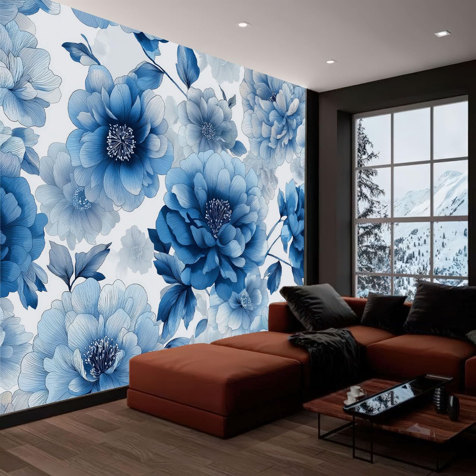 Panoramiczna tapeta niebieskie rośliny kwiaty liście, francuska tapeta mural - plakat obrazy 250 x 175 cm do salonu sypialni dekoracja domu