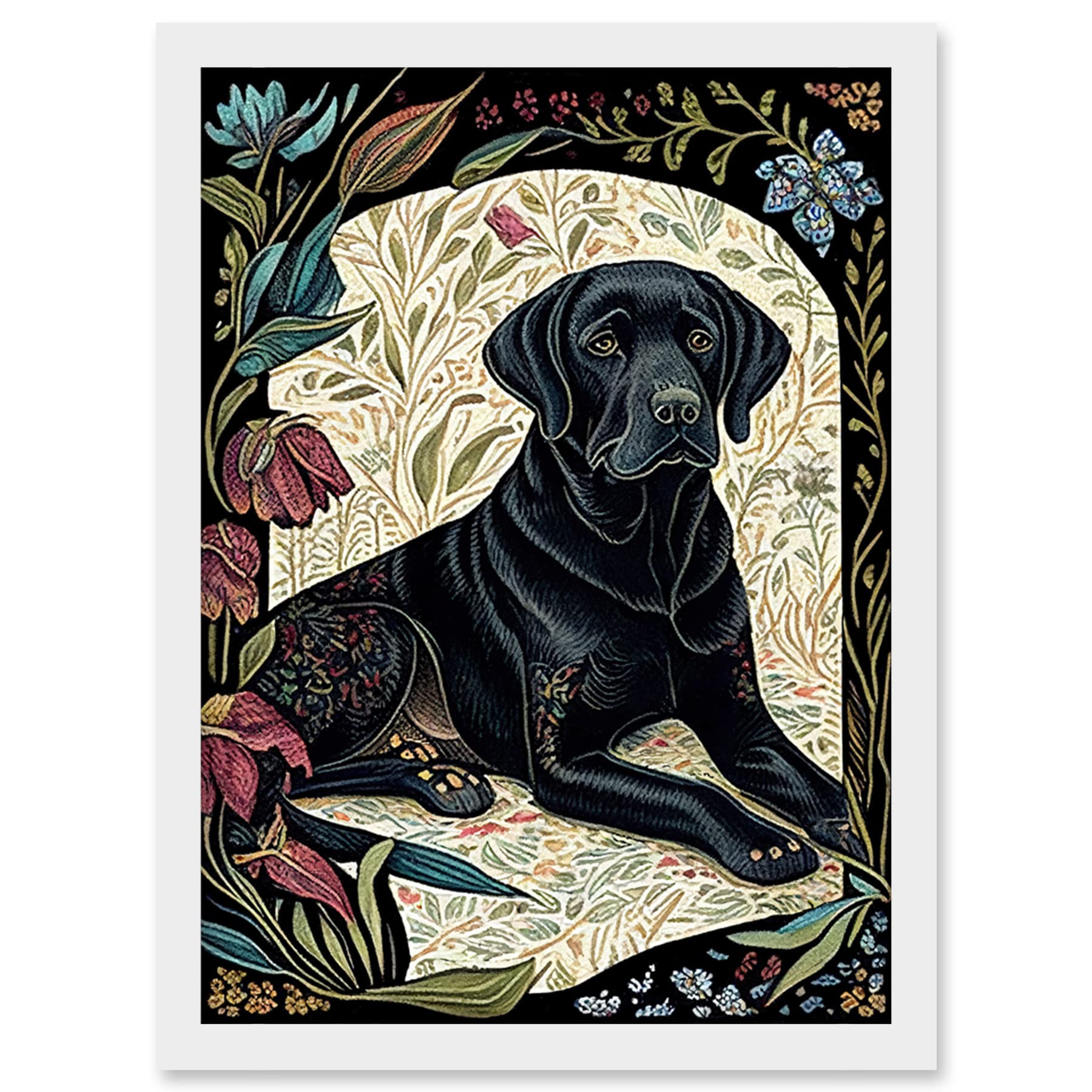 Artery8 Black Labrador Dog with Floral Patterns Vintage Inspired Linocut Illustration Artwork Framed Wall Art Print A4