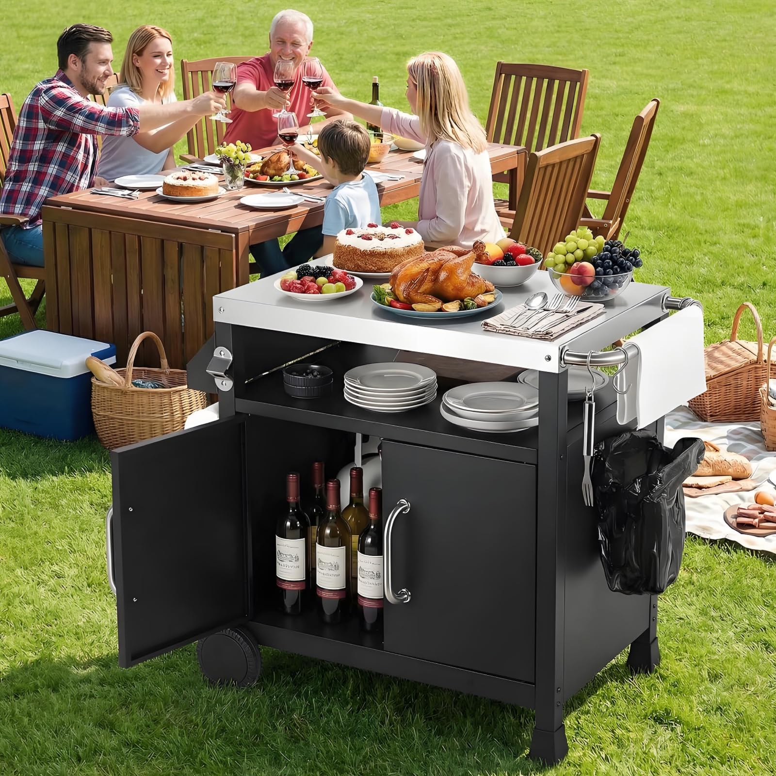 LIFERUN Carrito para Barbacoa Inoxidable,Carro de Barbacoa con Armario 2 Ruedas Ganchos,Carrito de Servicio Exterior,Mesa Auxiliar BBQ,Carro Cocina Superficie Trabajo Tnox,Picnic Fiesta Jardín Camping