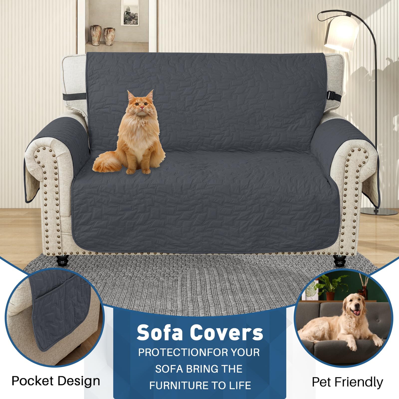 Ystyle Copri Divano 2 Posti Con Braccioli, Impermeabile Copridivano Antigraffio Gatto Cani, Universale Copridivani Trapuntato Salvadivano, Sofa Cover Antiscivolo Antimacchia, Grigio Scuro