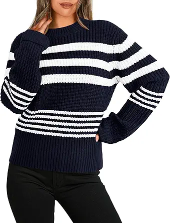 KIRUNDO 2023 Fall Winter Women's Striped Color Block Short Sweater Long Sleeve Crew Neck Casual Loose Knit Pullover Tops