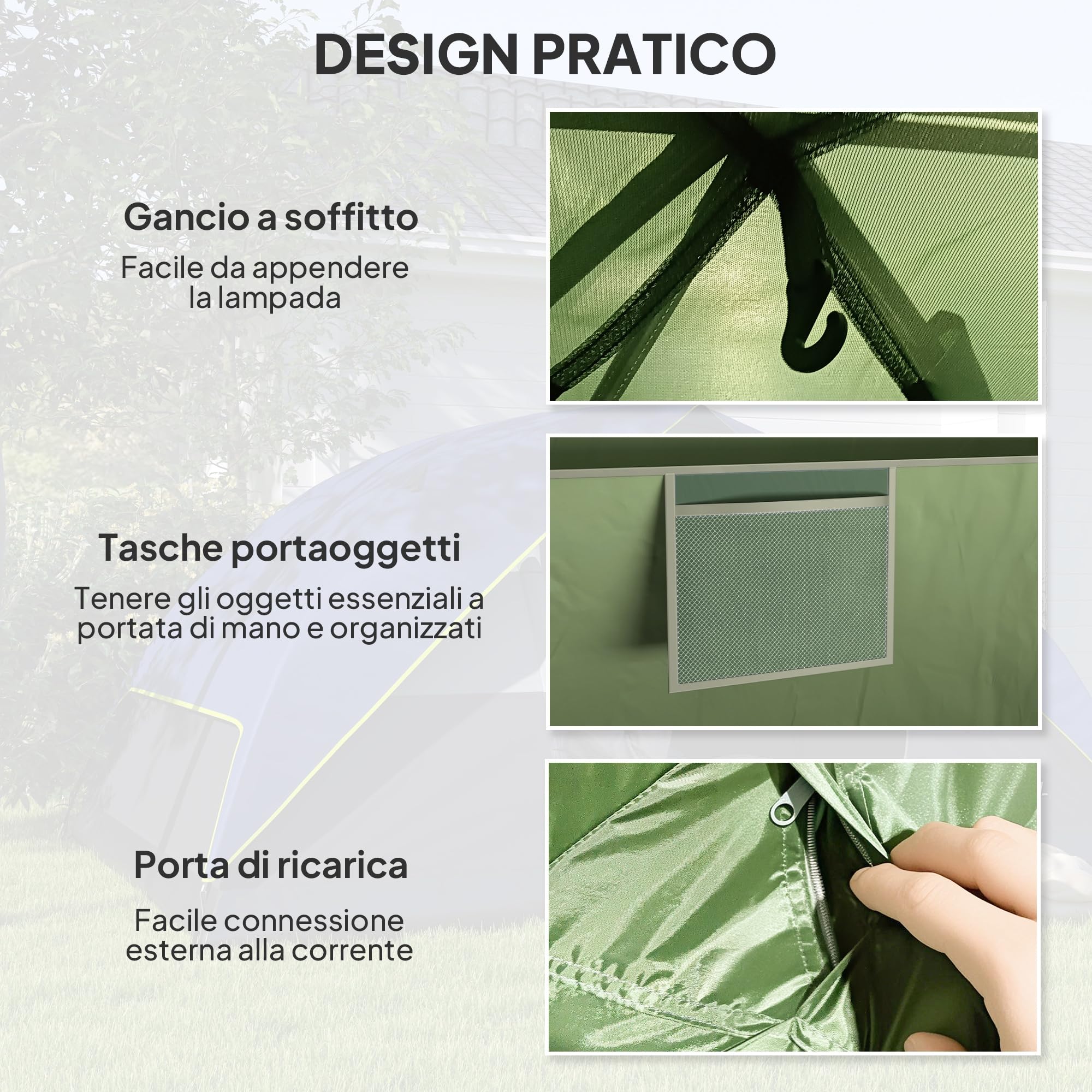 Outsunny Tenda da Campeggio Famigliare per 3 Persone Impermeabile 3000mm Tenda da Trekking a Cupola con Porta di Ricarica, Tasche, Gancio per Lanterna e Borsa da Trasporto Verde