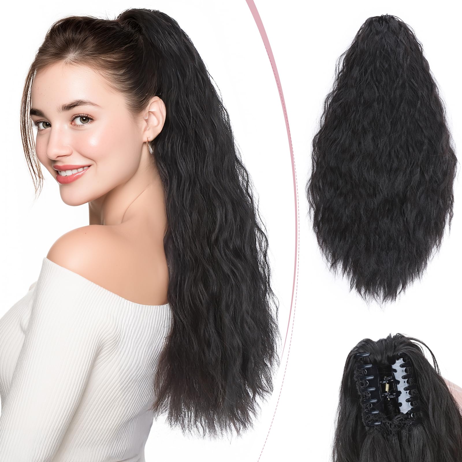SEGO Pro Claw Clip Ponytail Hair Extensions Synthetic Pony Tail Hair Pieces for Women 24 Inch Wavy 165g (Natural Black)
