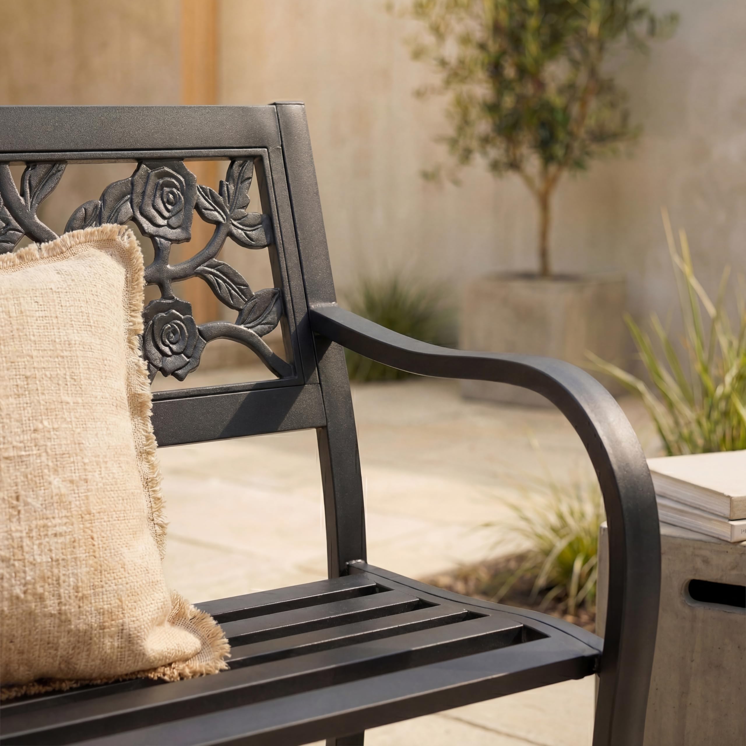 Home Discount Garden Vida Stalen Tuinbank, Roosterstijl Ontwerp 3-zits Tuinmeubilair Zitplaatsen Park Patio Seat