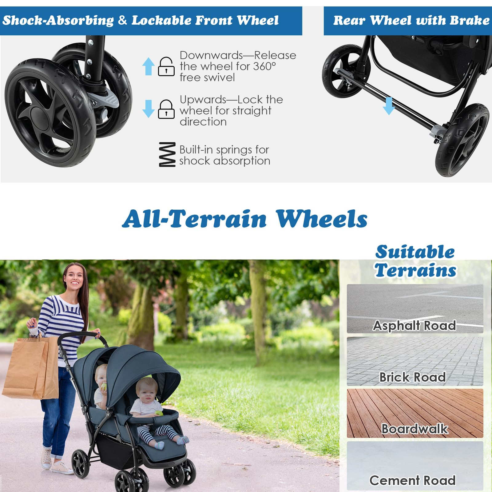LIFEZEAL Carrito Gemelar, Silla de Paseo Doble Plegable para Gemelos, Cochecito de Viaje de 2 Plazas para Bebé con Ajuste de 3 Posiciones, Capacidad de carga 15+15 KG (Azul)