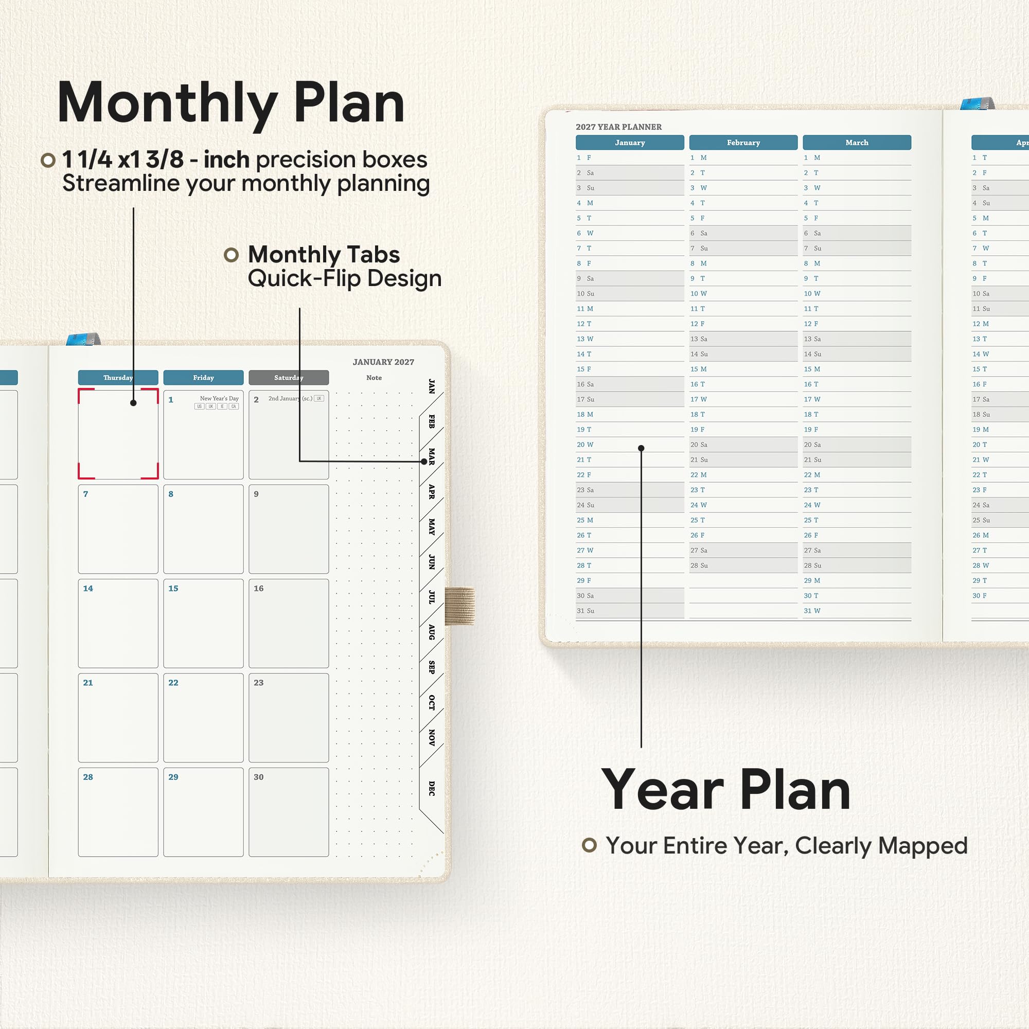 Agenda semanal y mensual 2026-2027 con ranuras horarias, calendario académico de 18 meses de julio de 2026 a diciembre de 2027, diseño vertical, pestañas mensuales, tapa dura de tela