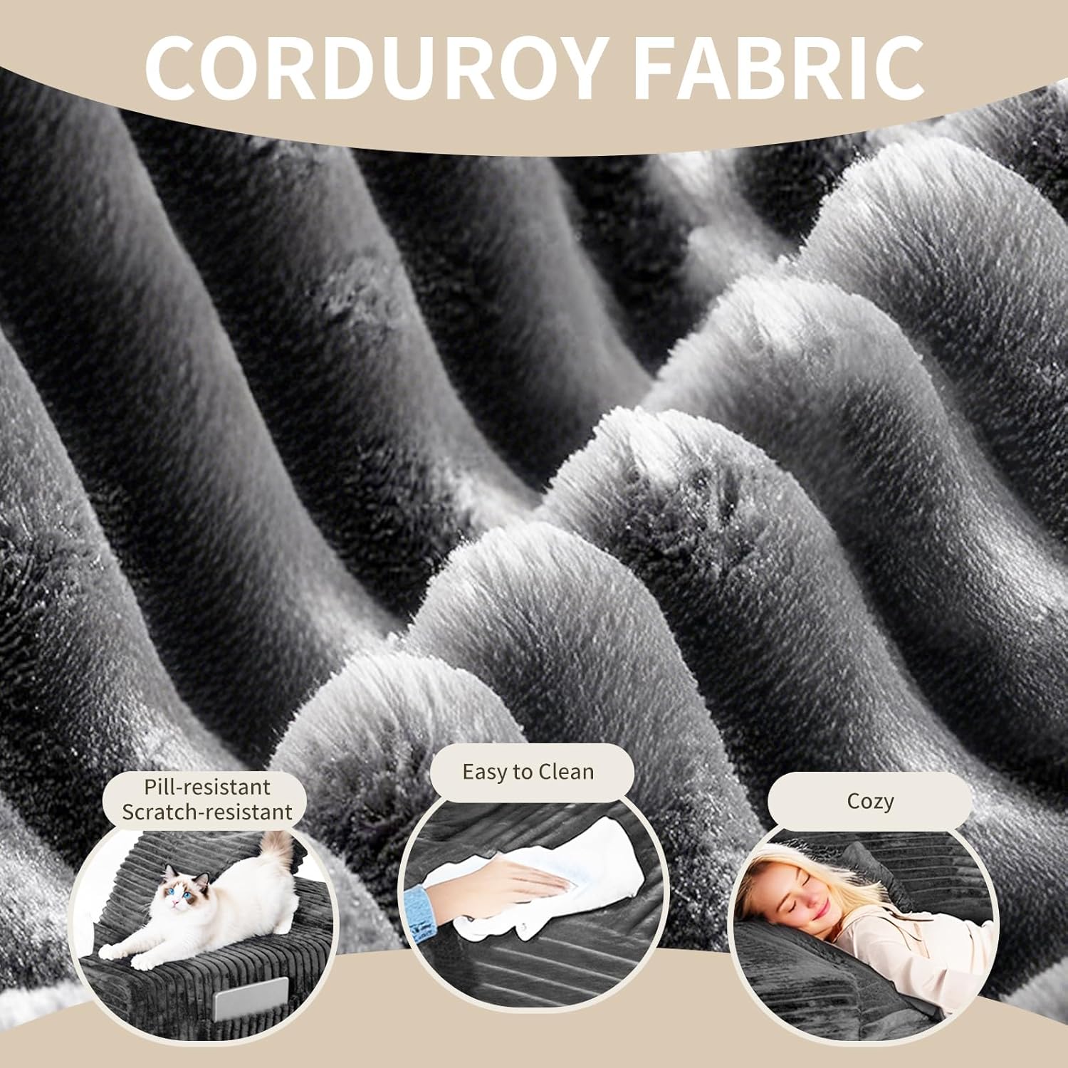 106'' Cloud Sectional Couch with L-Shape Chaise, Boneless Modular Sofa with Deep Seat, Modern Corduroy Couch for Living Room, No Assembly Required. (Grey, Left-Facing Chaise)