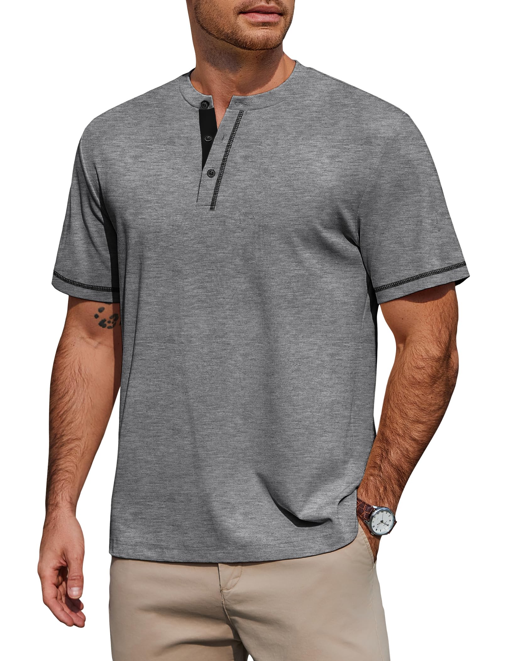 COOFANDY T-Shirt Herren Henley Shirt Kurzarm 95% Baumwolle Sommershirt mit Knopfleiste Color-Blocking Basic Tee