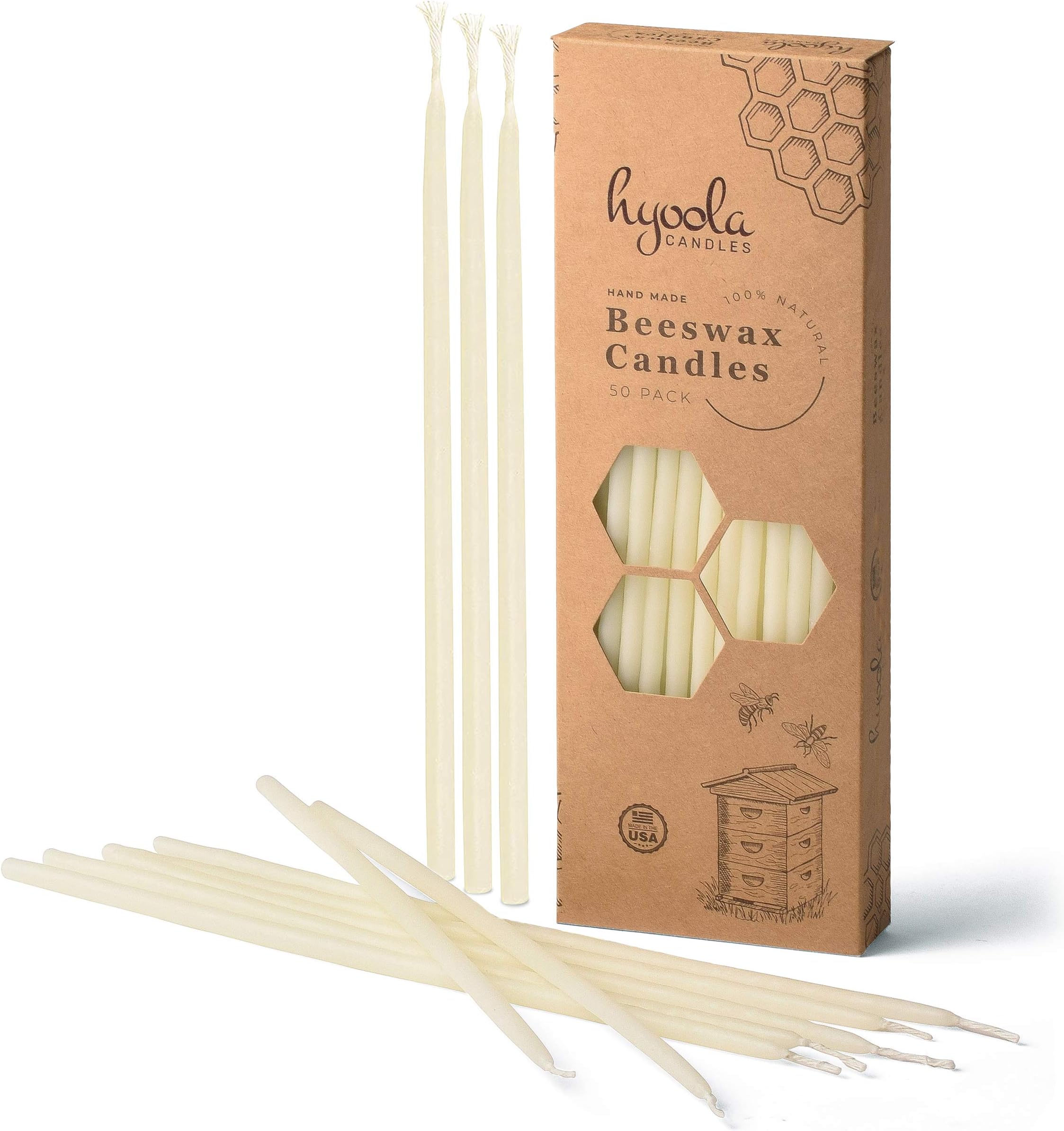 Hyoola Beeswax Skinny Taper Candles – 50 Pack - Natural Dripless Decorative Candles with Long Lasting Burn – Elegant Taper Design, Soothing Scent – 9” Tall – Handmade in The USA