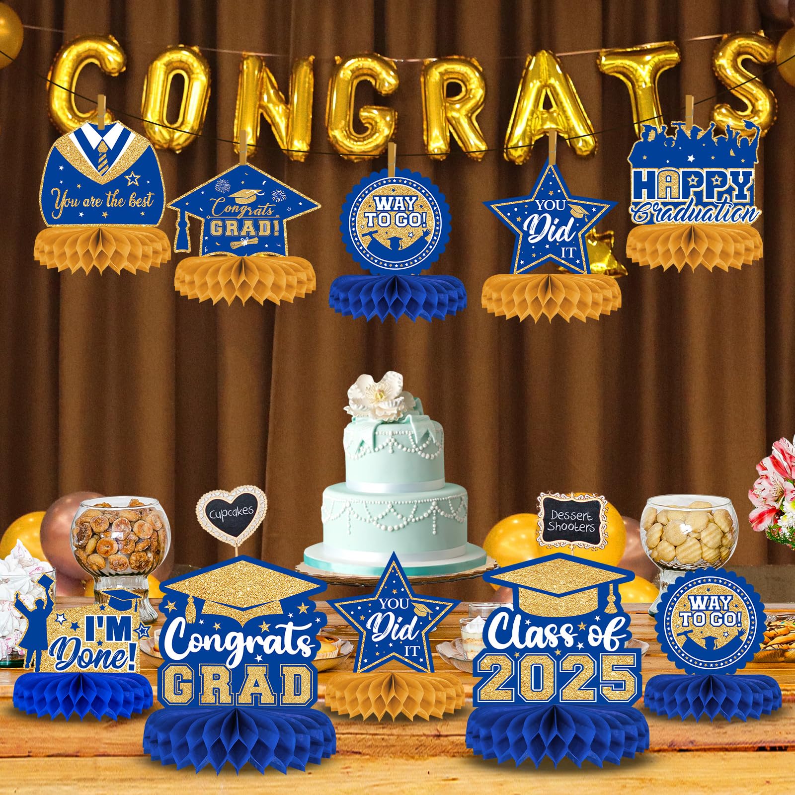 8 Pieces Class of 2025 Graduation Table Decorations - 2025 Congrats Grad Honeycomb Centerpieces, Graduation Table Toppers Decor for 2025 Graduation Party Decorations Favor Supplies, Blue and Gold