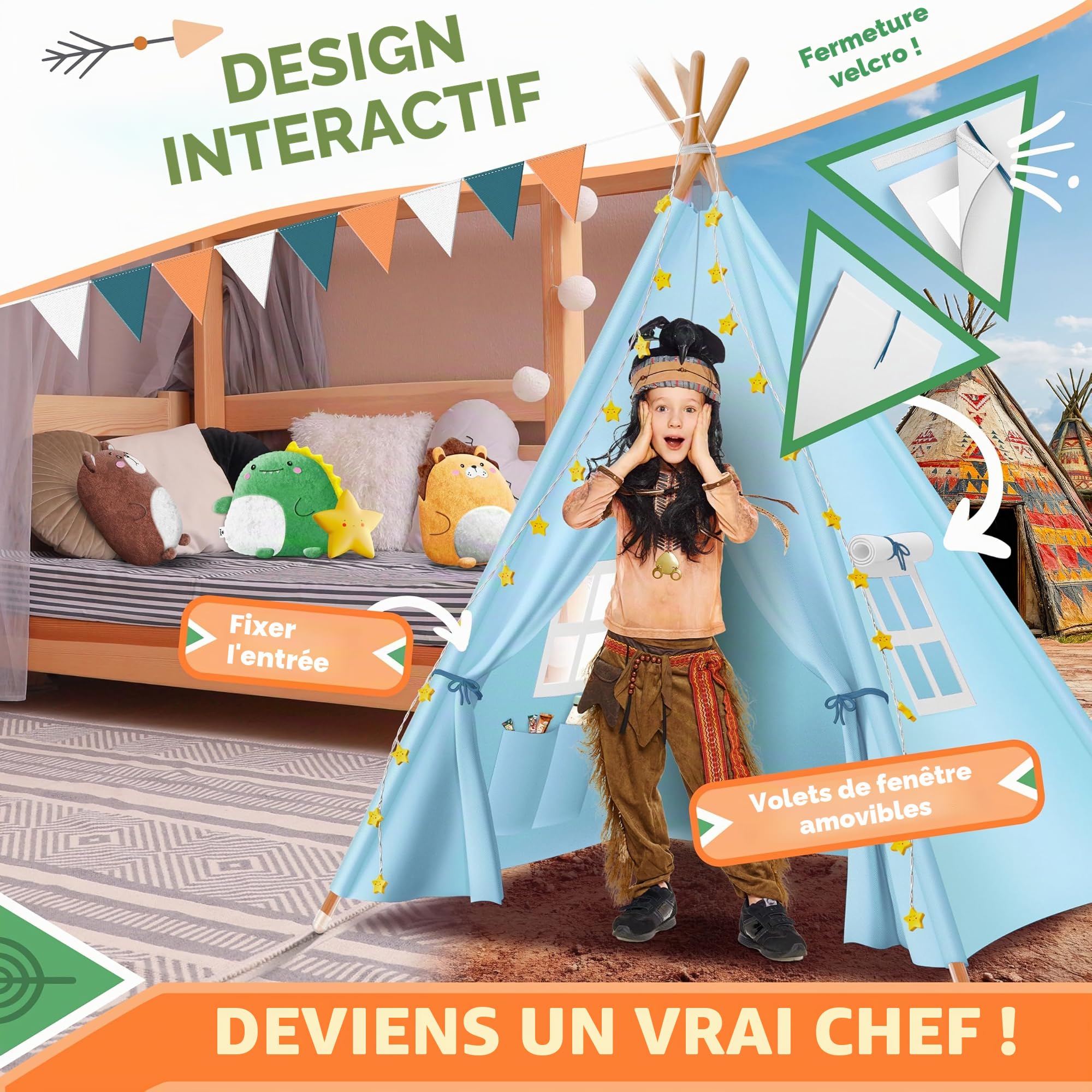 KIDIZ® Tente de jeu pour enfant 100 x 100 x 160 cm en coton avec guirlande LED, étoiles lumineuses, guirlande de drapeaux, 3 animaux en peluche, tapis et sac de transport