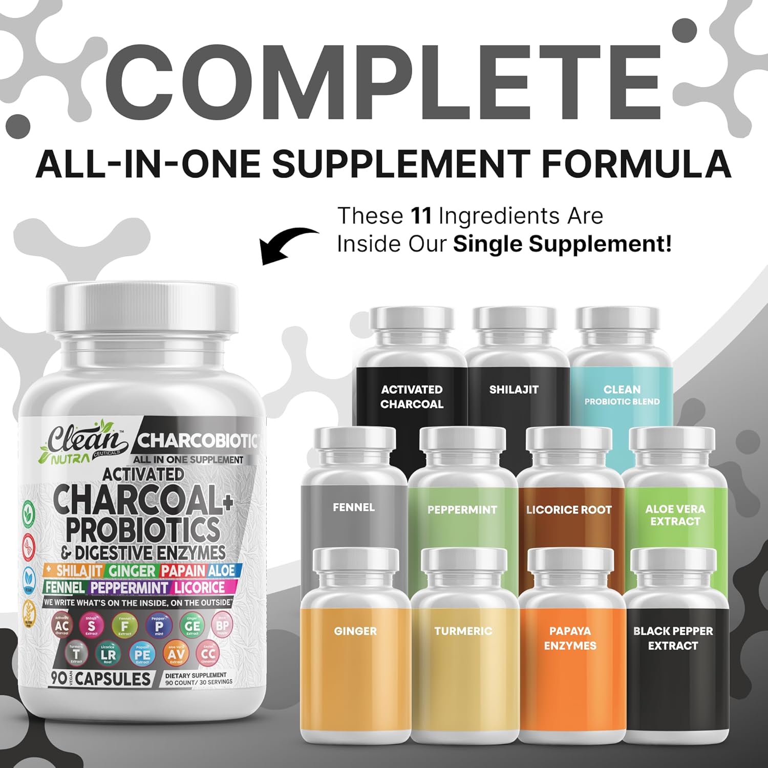 Clean Nutra Activated Charcoal Pills + Shilajit Probiotic Digestive Enzymes for Digestive Health Capsules with Peppermint Fennel Licorice Papain Ginger Turmeric Powder | Gut Health - Image 2