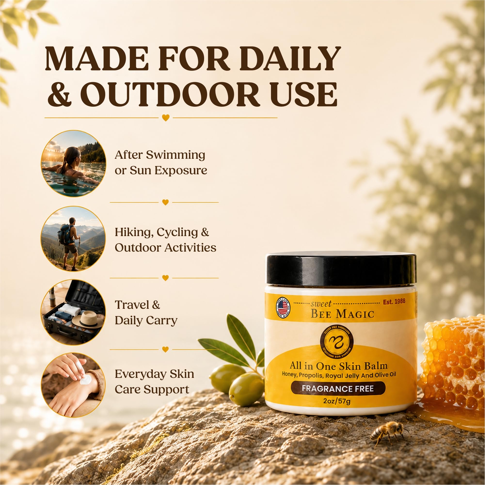 Sweet Bee Magic Organic Honey Bee Balm for Face, Skin & Body - All in One Honey Balm - Beeswax Body Moisturizer - All Natural Aid - 1 jar (2oz) Product Image 4