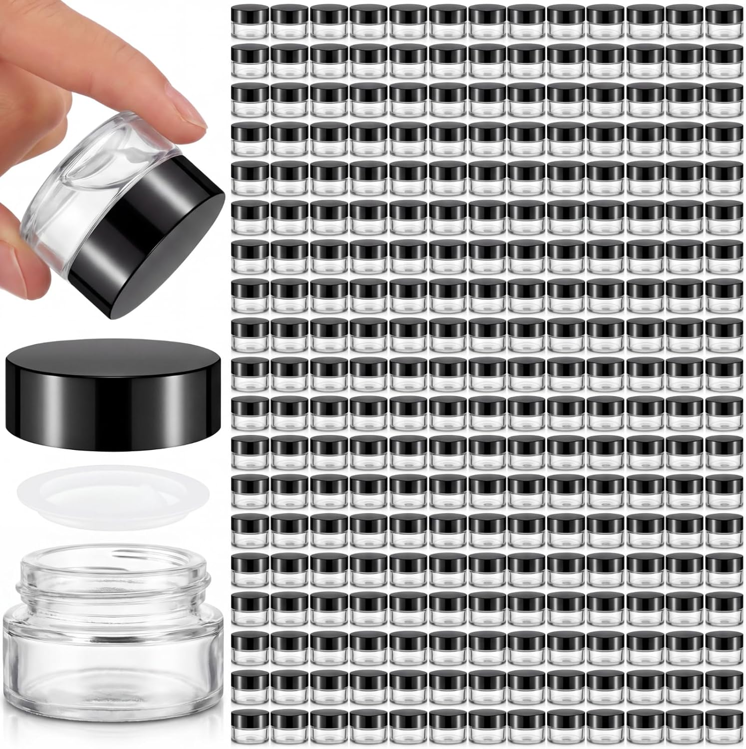 Norme 240 Pack Frosted Black Bulk 5ml Glass Jars with Lid 5 Gram Leakproof Refillable Cosmetic Sample Lip Balm Container UV Protection Travel Empty Jar with Inner Liner for Skincare (Classic Lid)